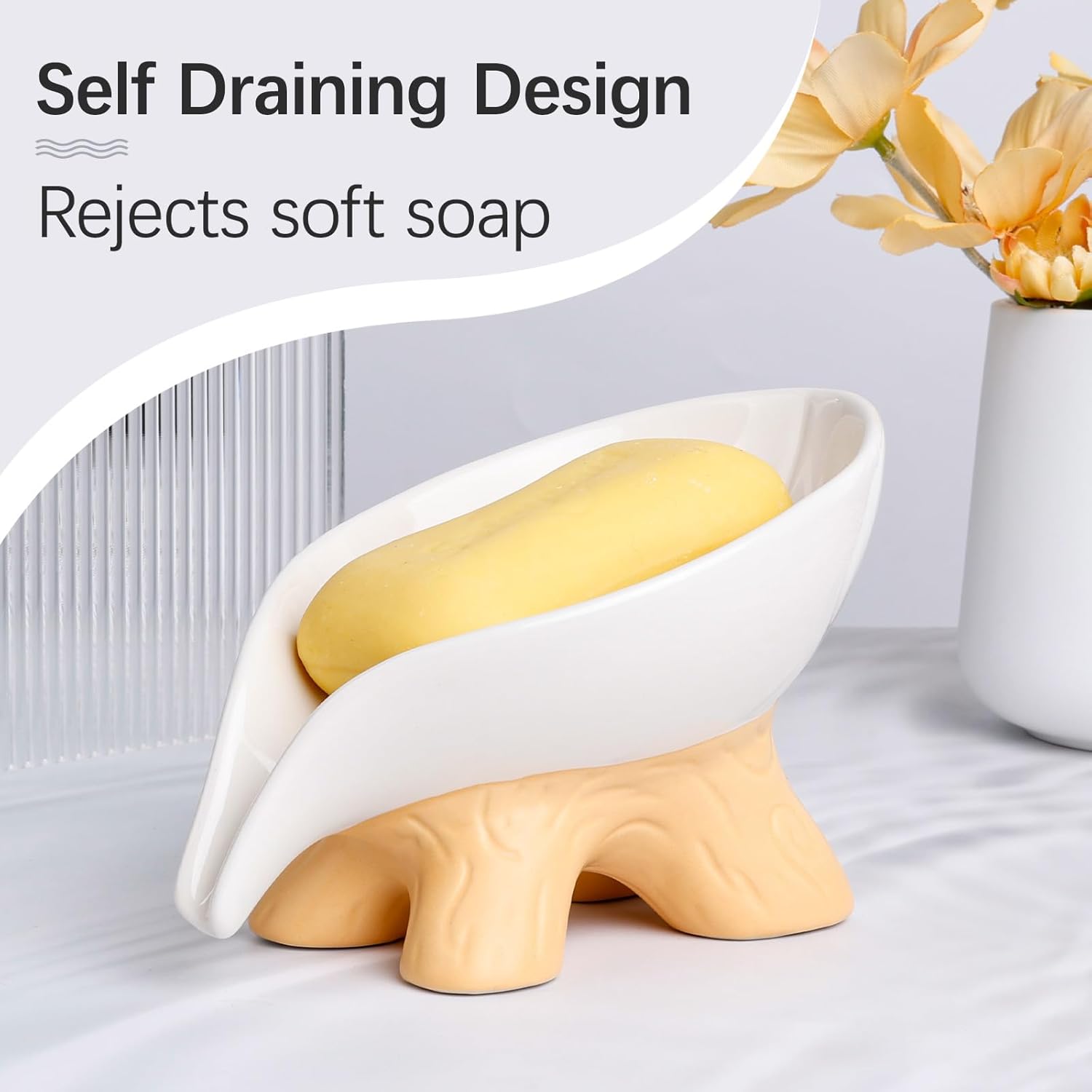 Soap Holder Self Draining Leaf Shape Soap Dishes, Ceramic Draining Soap Dish for Bathroom Shower, White Farmhouse Soap Holder with Stump