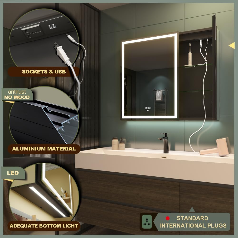LED Lighted Bathroom Medicine Mirror Cabinet with Sockets & USBs, Anti-Fog Dimmable Light and Color Adjustment