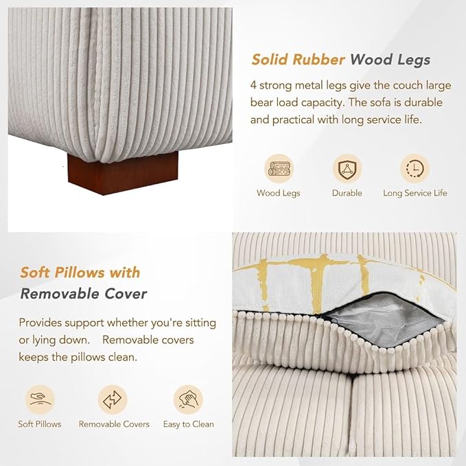 103.9" Modern Style Couch Corduroy Fabric Comfy Sofa with 4 Removable Pillows