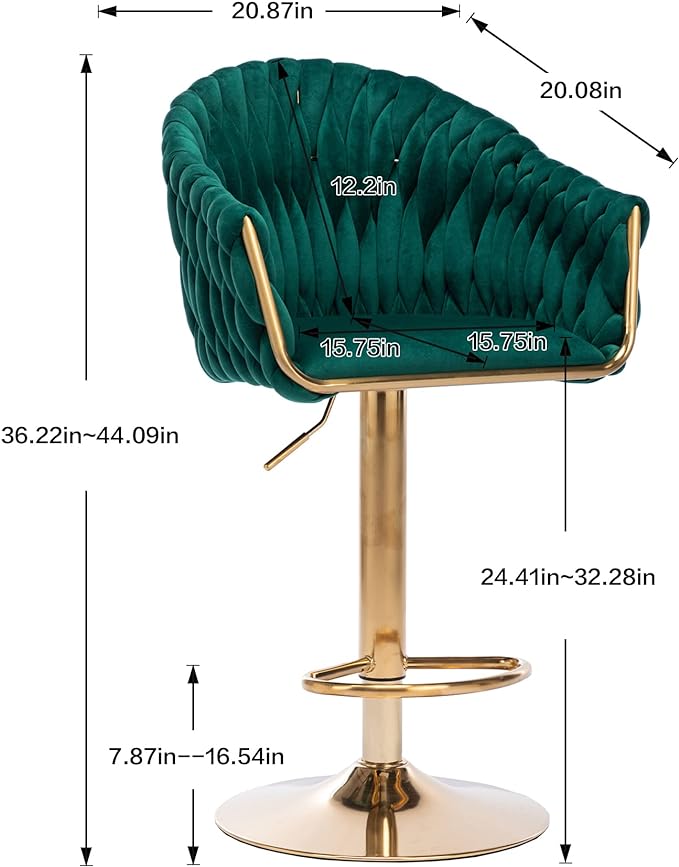 Velvet 360° Swivel Bar Stools with Hand Woven Backrest Design Upholstered Adjustable Counter Bar Stool with Golden Bracket Back and Footrest Bar Chair for Kitchen, Pub (1, Green)