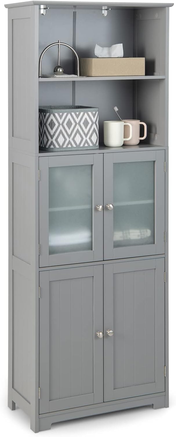 Tall Bathroom Storage Cabinet, Freestanding Floor Cabinet w/2 Glass Doors & 2 Open Shelves, 3-Position Adjustable Shelves, Anti-toppling Design