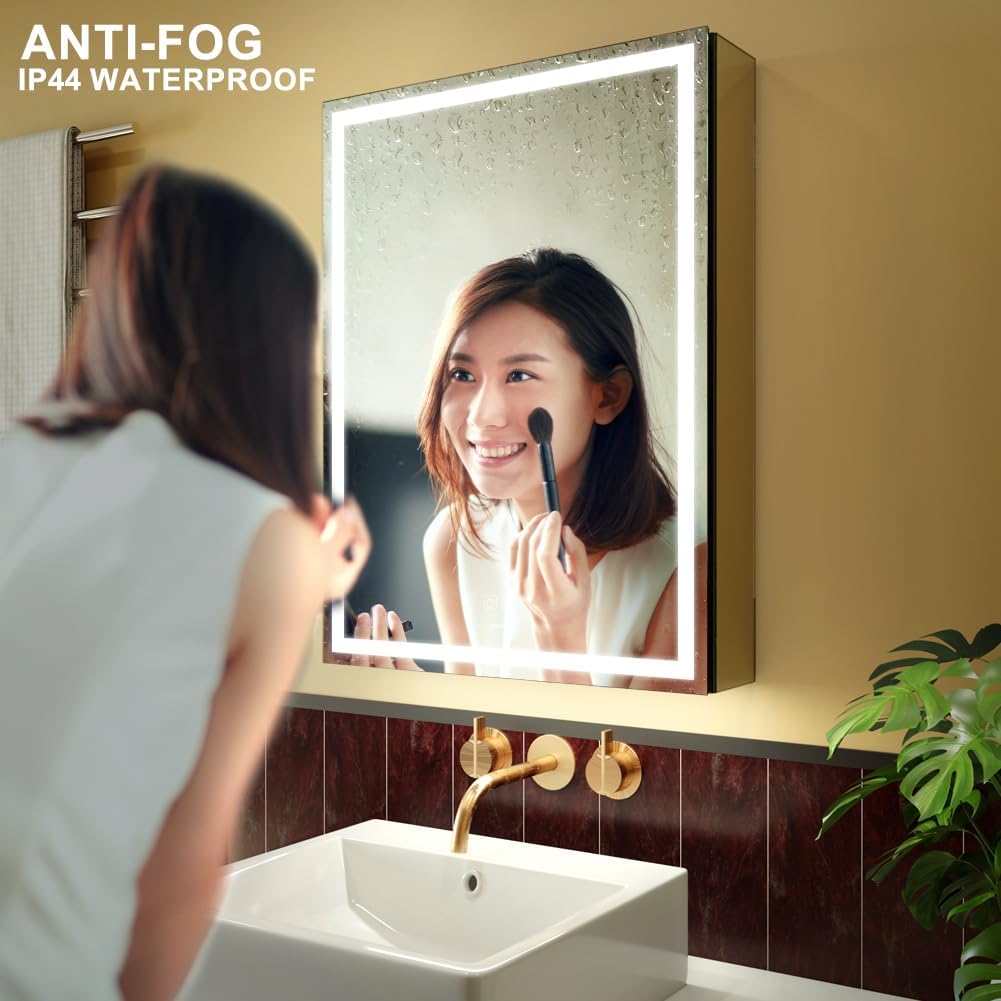 LED Lighted Bathroom Medicine Mirror Cabinet with Sockets & USBs, Anti-Fog Dimmable Light and Color Adjustment