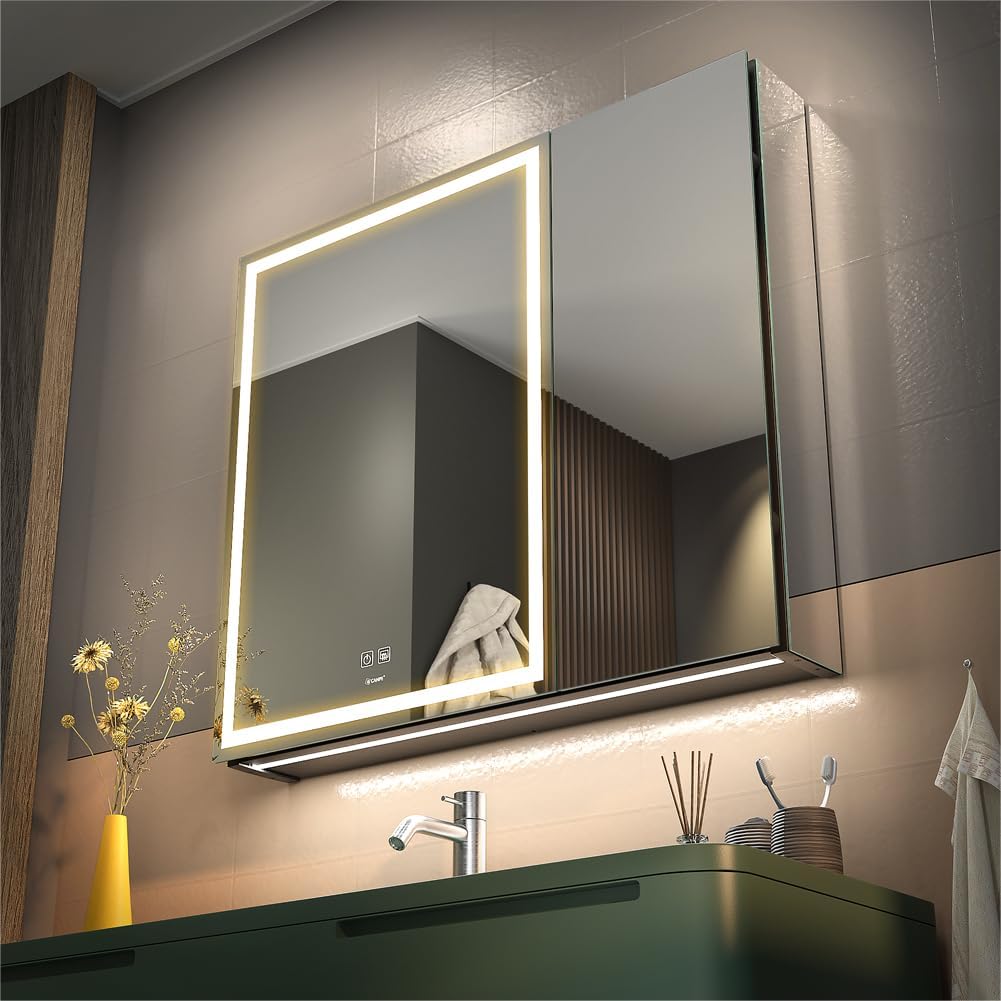 LED Lighted Bathroom Medicine Mirror Cabinet with Sockets & USBs, Anti-Fog Dimmable Light and Color Adjustment