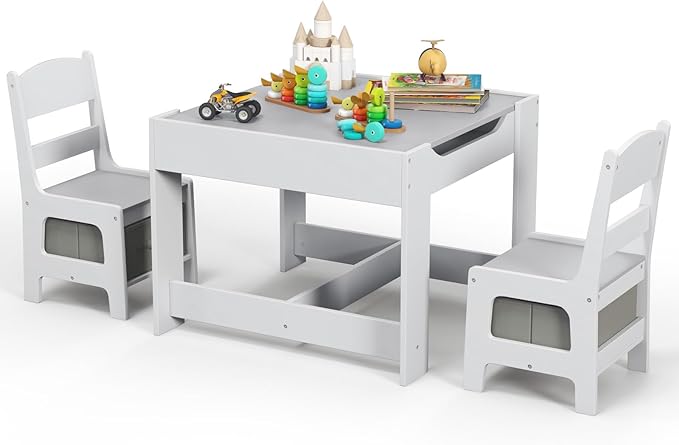 Kids Table and Chair Set, 3 in 1 Wood Children Desk Set