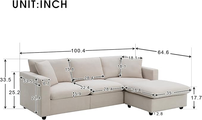 100.4" Sectional Sofa for Living Room, Modern L-Shaped 3-Seat Couch