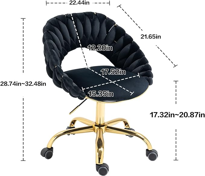 Swivel Velvet Home Office Chair, Upholstered Desk Chair, Modern Accent Armchair, Tufted Computer Task Stools with Gold Base for Girls, Women, Study, Living Room (Black)