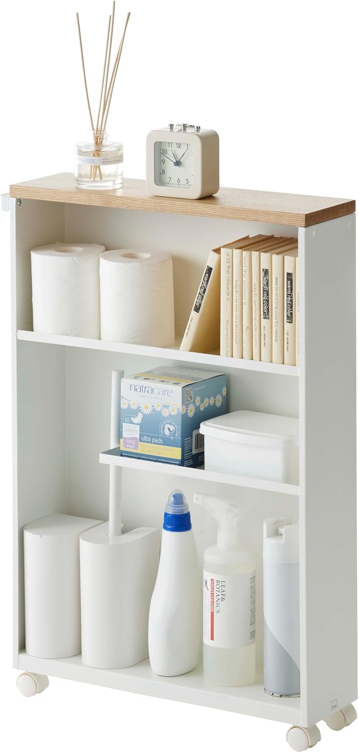 Rolling Slim Bathroom Utility Cart with Handle - Storage Shelf Narrow Organizer Rack Steel One Size White