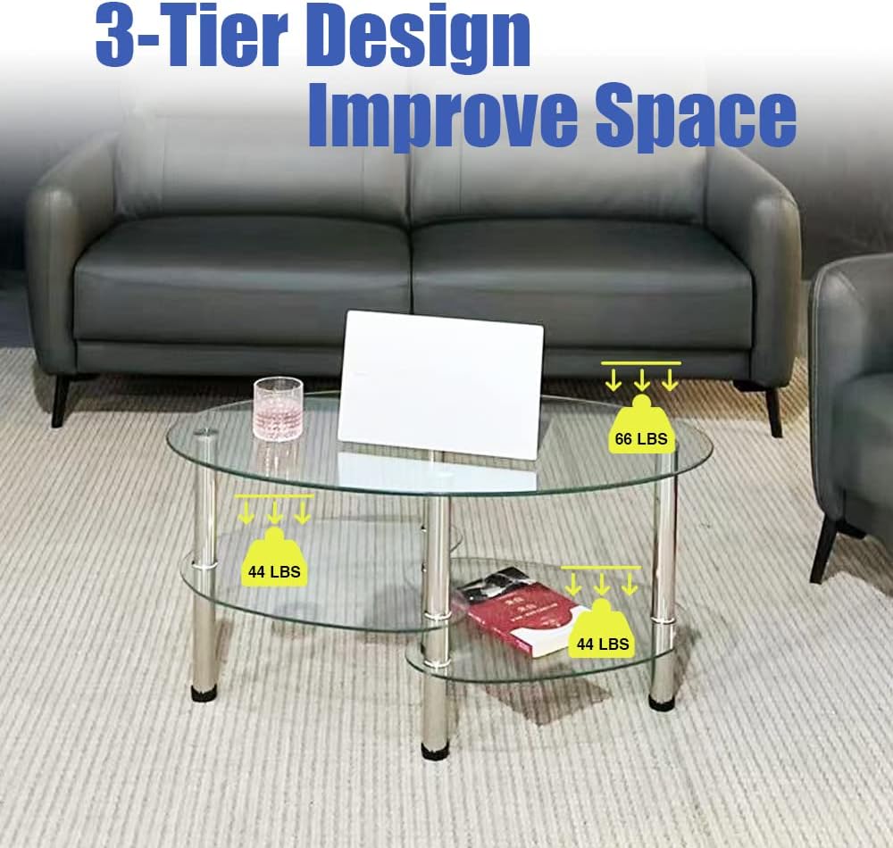 Oval-Shaped Glass Tea Table for Office, 3-Tier Modern Coffee Table
