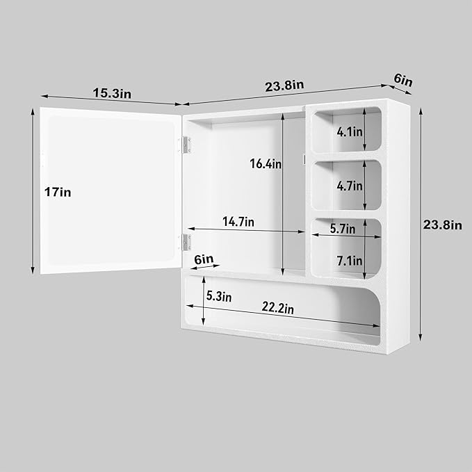 24" Bathroom Medicine Cabinet with Mirror, Wall Bathroom Storage Cabinet with Mirror Door and 4 Open Shelves
