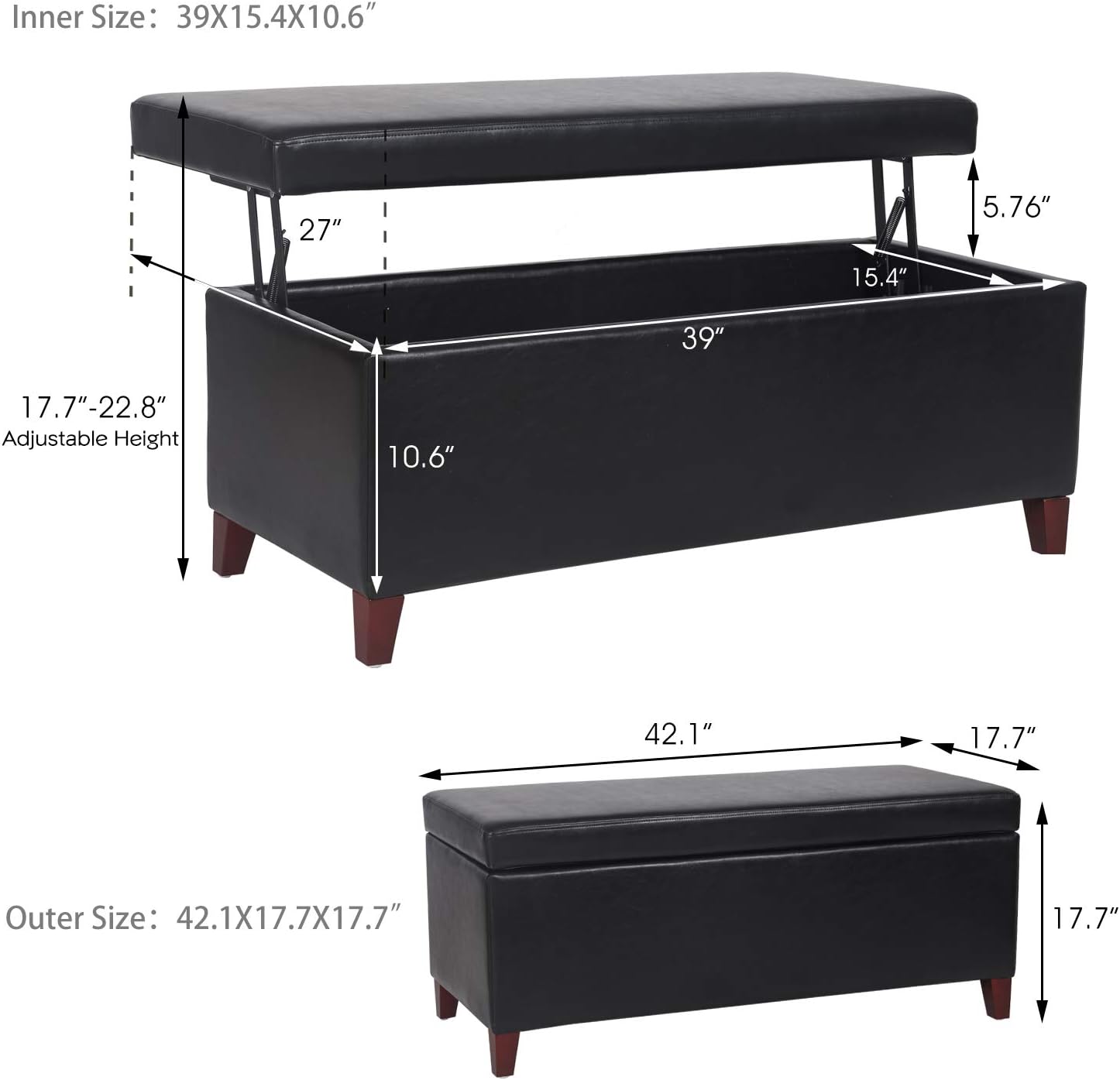 42 Inches Faux Leather Storage Bench with Large Storage Space, Upholstered Rectangular Ottoman
