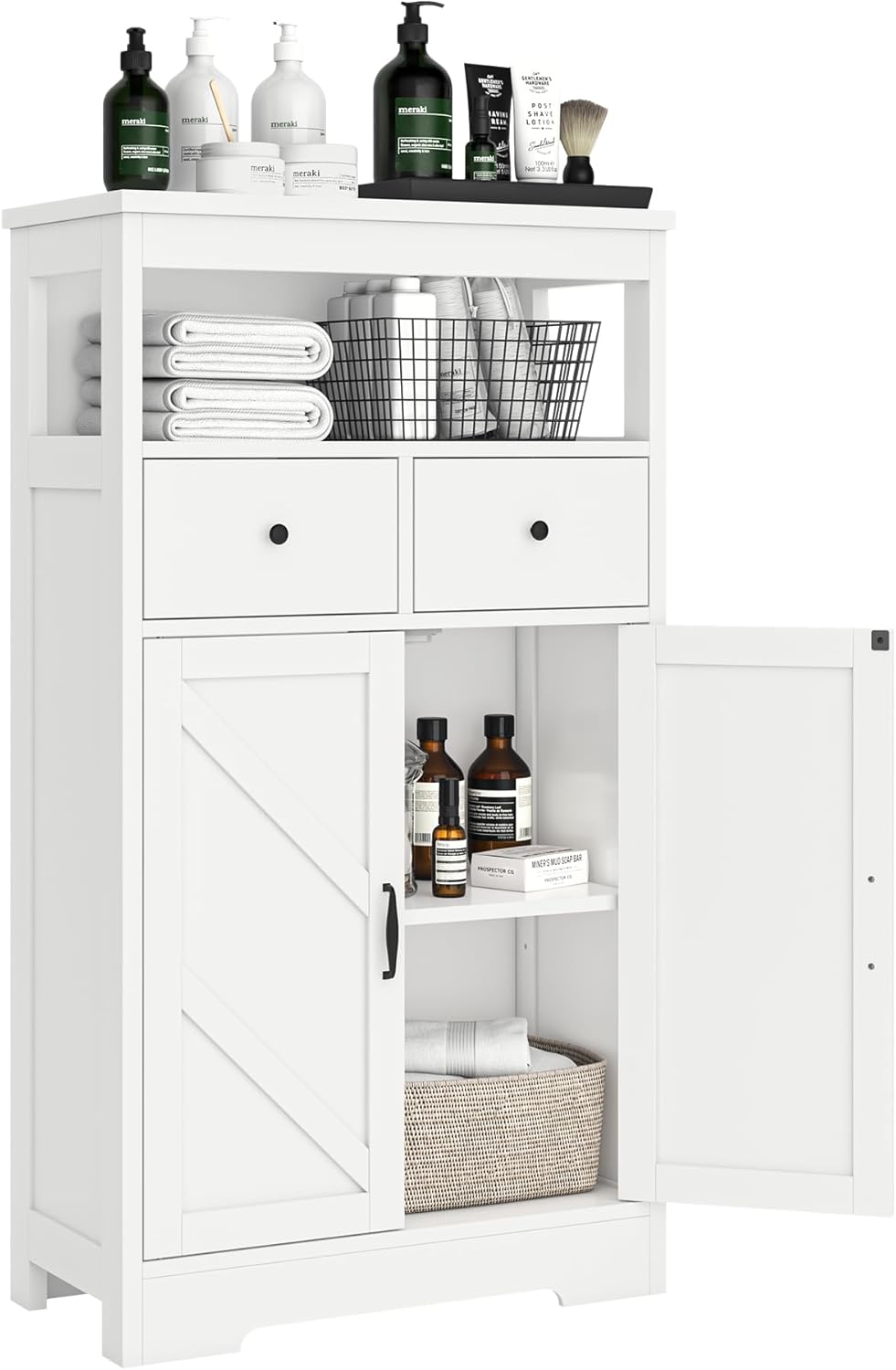 Farmhouse Storage Cabinet, Bathroom Storage Cabinet with 2 Drawers & Adjustable Shelves