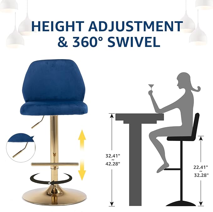 Modern Velvet Bar Stools Set of 2, Swivel Barstools with Golden Legs, Back Ring Design, Kitchen Island Chairs, Counter Height Stool for Home Bar, Kitchen Island,Pub, Cafe (Navy Blue)