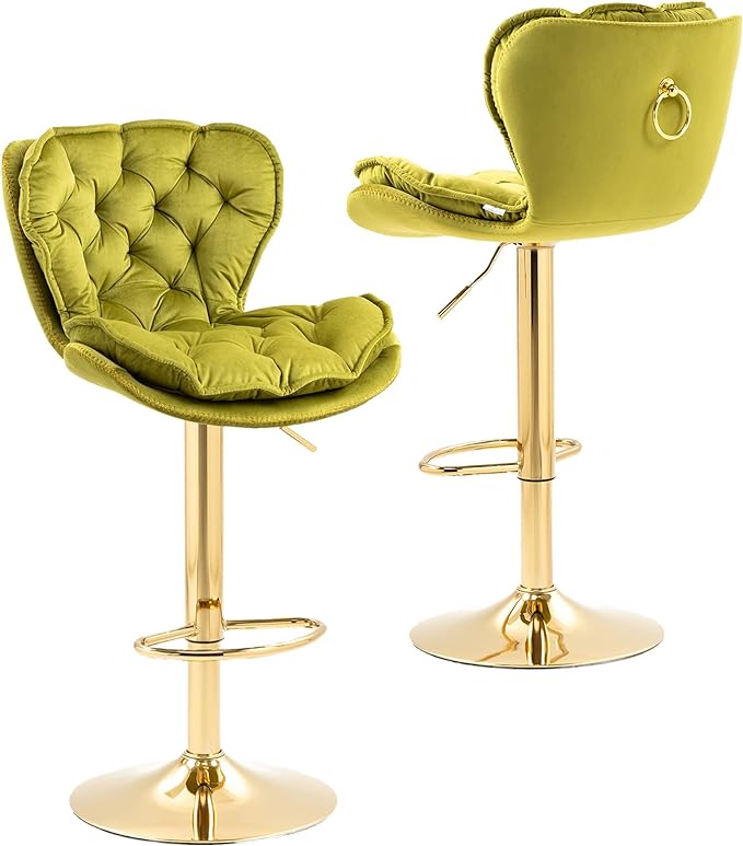 Velvet 360°Swivel Bar Stools Set of 2, Adjustable Bar Chair with Armless Design Tufted Backrest and Metal Gold Legs Dining Chairs Counter Stools for Dining Room, Island, Pub, Bar (Green)