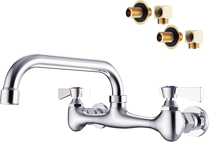 Wall Mount Commercial Sink Faucet with 8” Swivel Spout Polish Chrome Brass Utility Sink Faucet for Kitchen Laundry Restaurant Industrial Compartment Sink