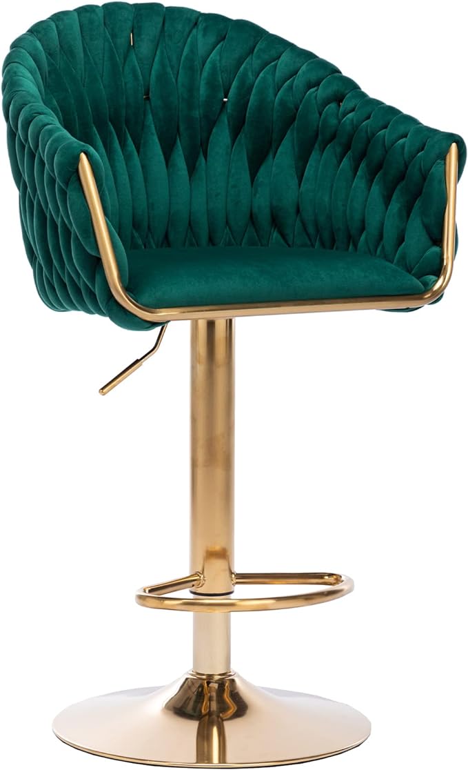 Velvet 360° Swivel Bar Stools with Hand Woven Backrest Design Upholstered Adjustable Counter Bar Stool with Golden Bracket Back and Footrest Bar Chair for Kitchen, Pub (1, Green)
