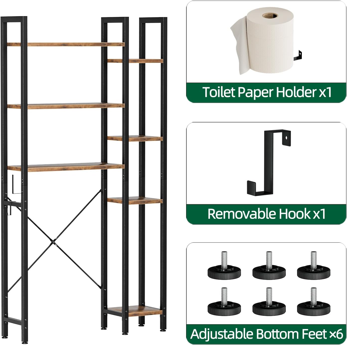 Over The Toilet Storage with 7-Tier Bathroom Organizer Shelf, Freestanding Space Saver with Hooks & Adjustable Feet