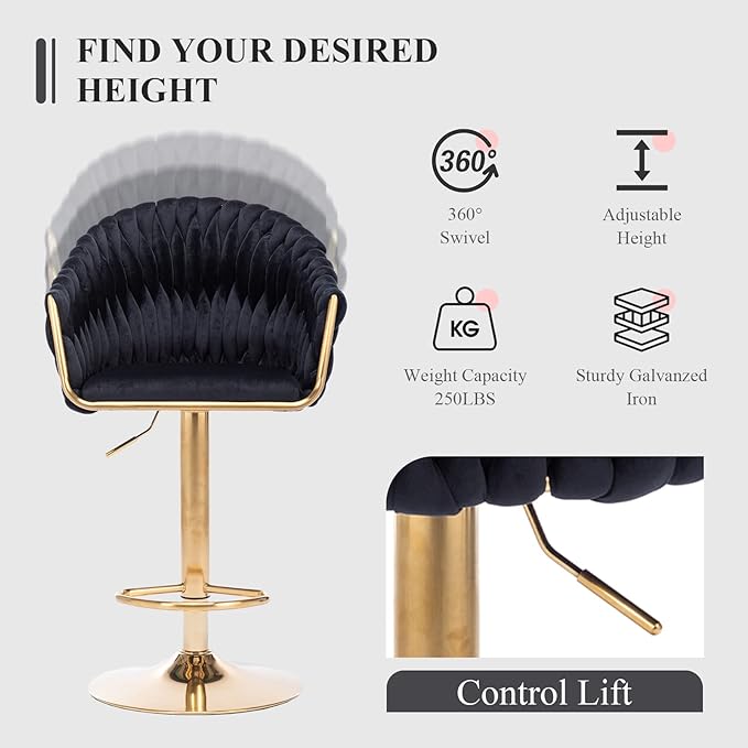 Velvet 360° Swivel Bar Stools with Hand Woven Backrest Design Upholstered Adjustable Counter Bar Stool with Golden Bracket Back and Footrest Bar Chair for Kitchen, Pub (1, Black)