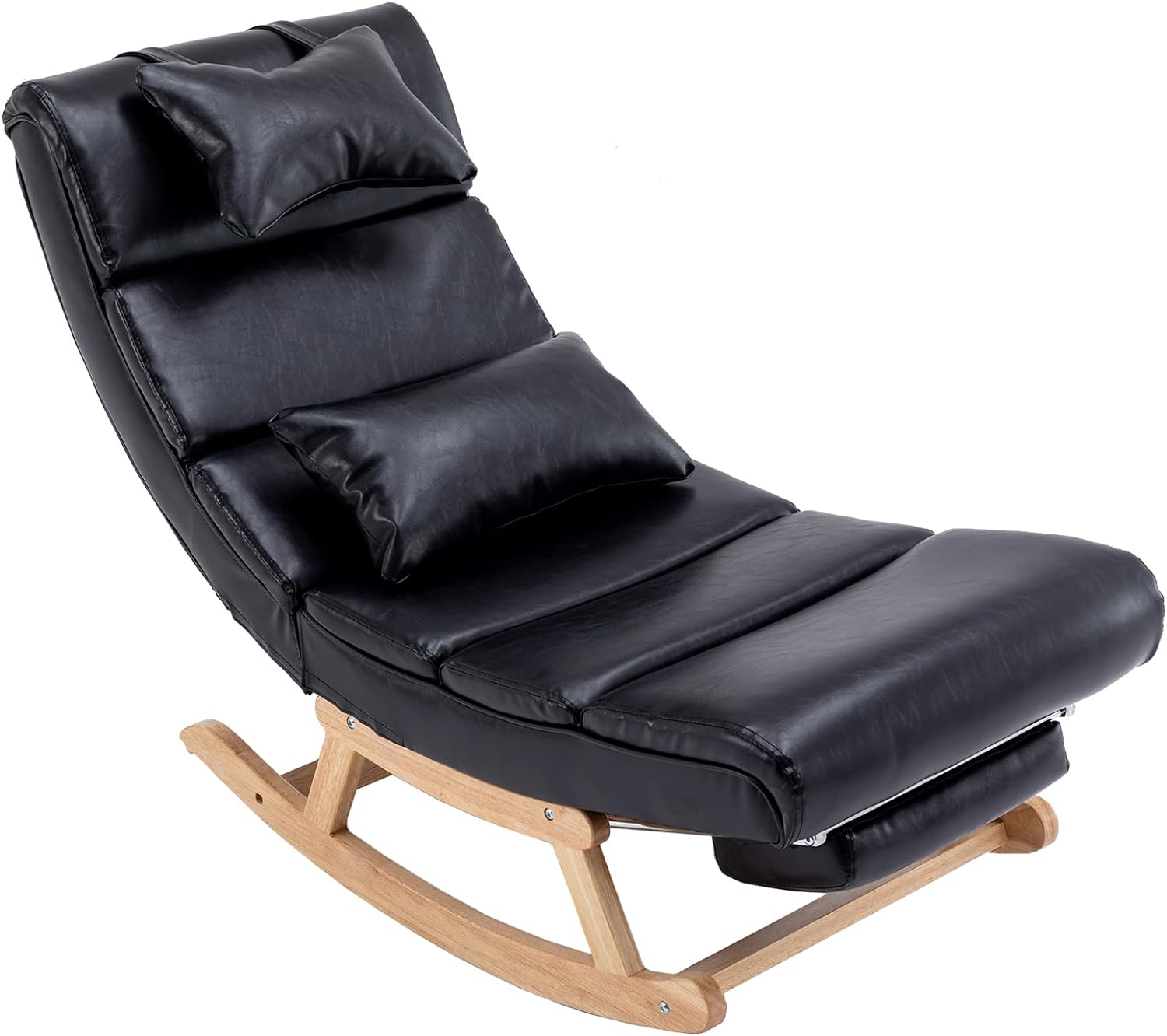 Modern Rocking Lounge Chair, Upholstered Glider Chair for Nursery, Accent Rocker Chair with Large Back & Pull Out Pedal, Lie or Sleep Lazy Chair for Living Room, Bedroom (Black PU)