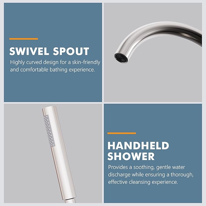 Floor Mount Bathtub Faucet Freestanding Tub Filler Standing High Flow Shower Faucets Shower Mixer Taps, Swivel Gooseneck Spout with Cylinder Handheld