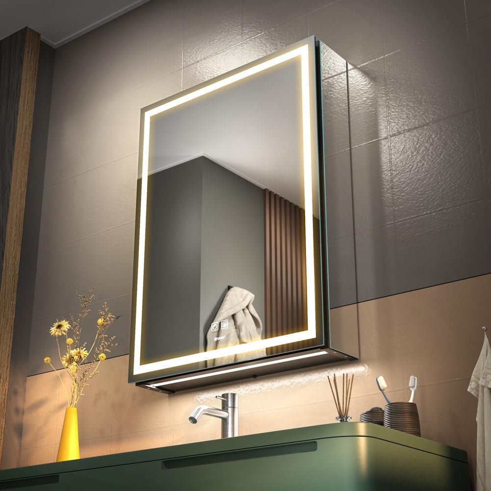 LED Lighted Bathroom Medicine Mirror Cabinet with Sockets & USBs, Anti-Fog Dimmable Light and Color Adjustment