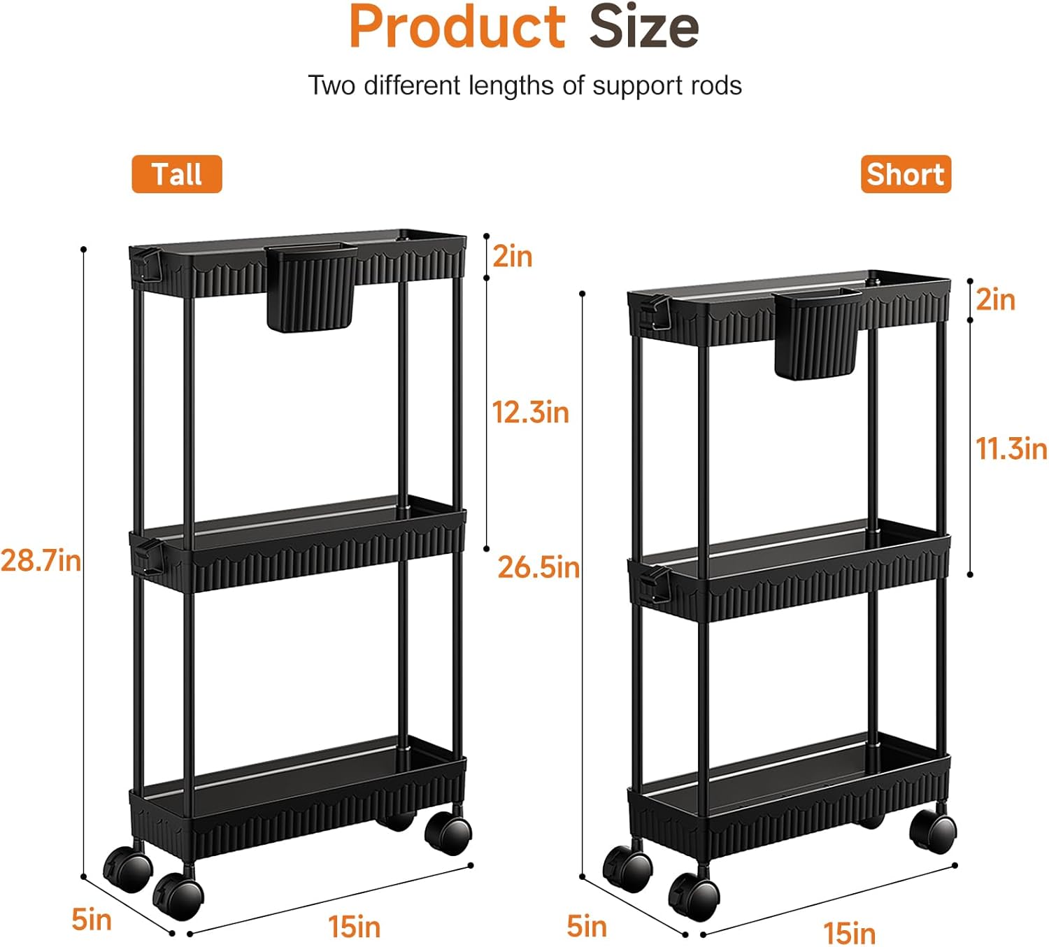 2 Pack Slim Storage Rolling Cart with Wheels, 4 Tier Rolling Cart Bathroom Organizers and Storage, Utility Cart for Laundry Room Organization