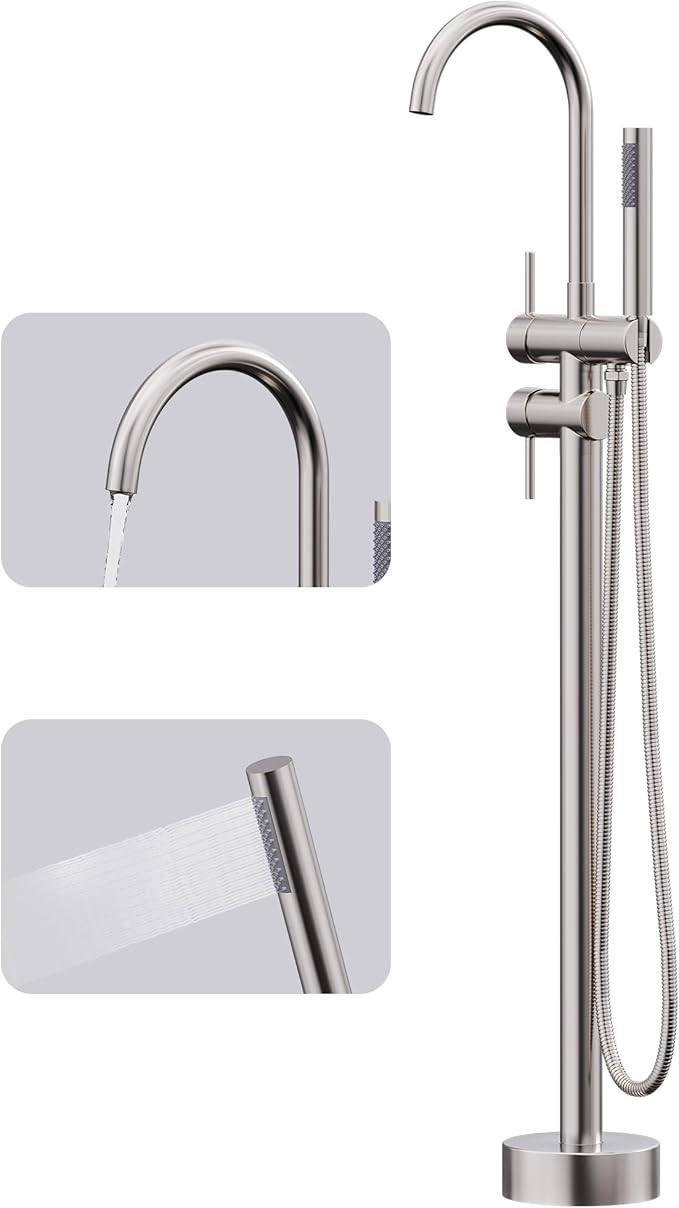 Floor Mount Bathtub Faucet Freestanding Tub Filler Standing High Flow Shower Faucets Shower Mixer Taps, Swivel Gooseneck Spout with Cylinder Handheld