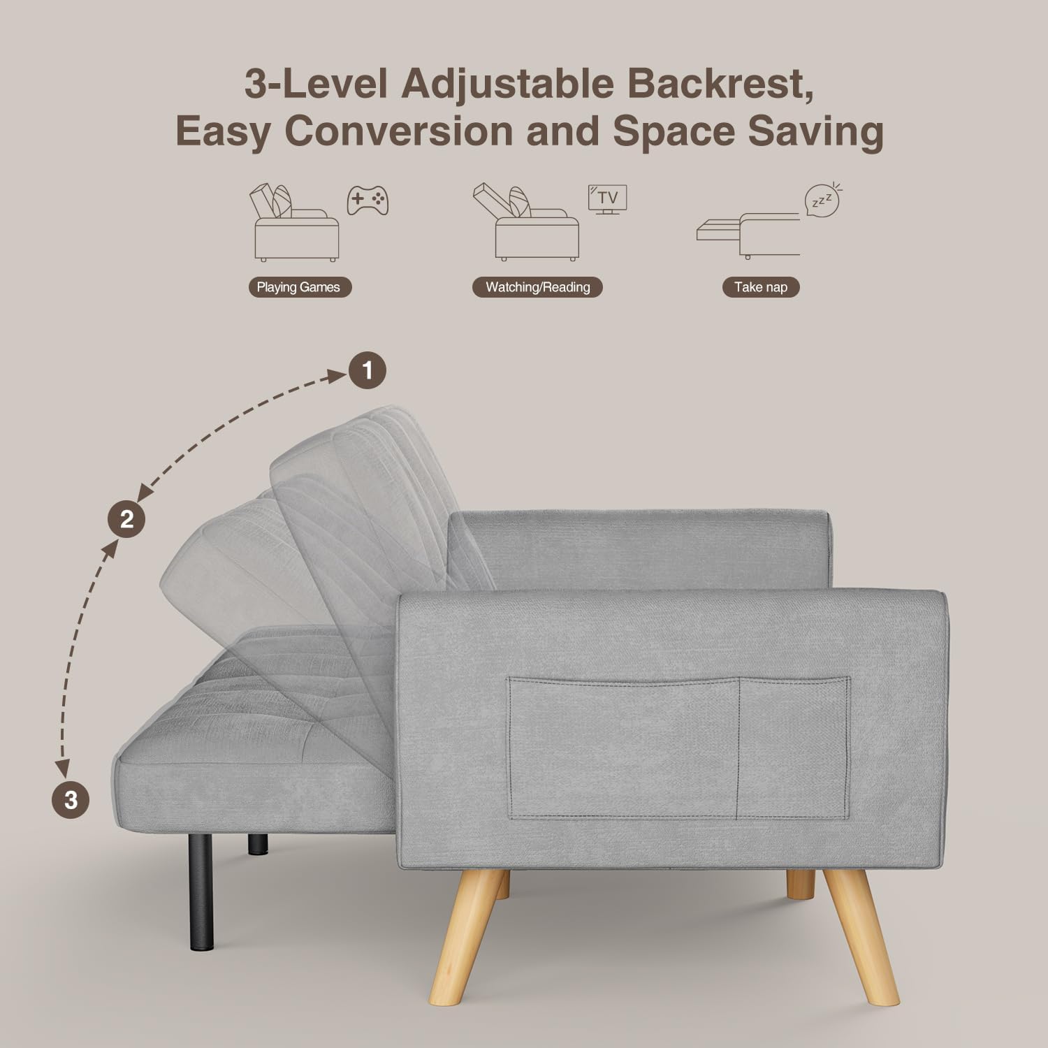 70.9" Sleeper Sofa with Adjustable Backrest, Modern Folding Daybed for Living Room, Dorm, Bedroom, Apart, 6 Legs and 2 Extra Support Rods, Removable Armrests