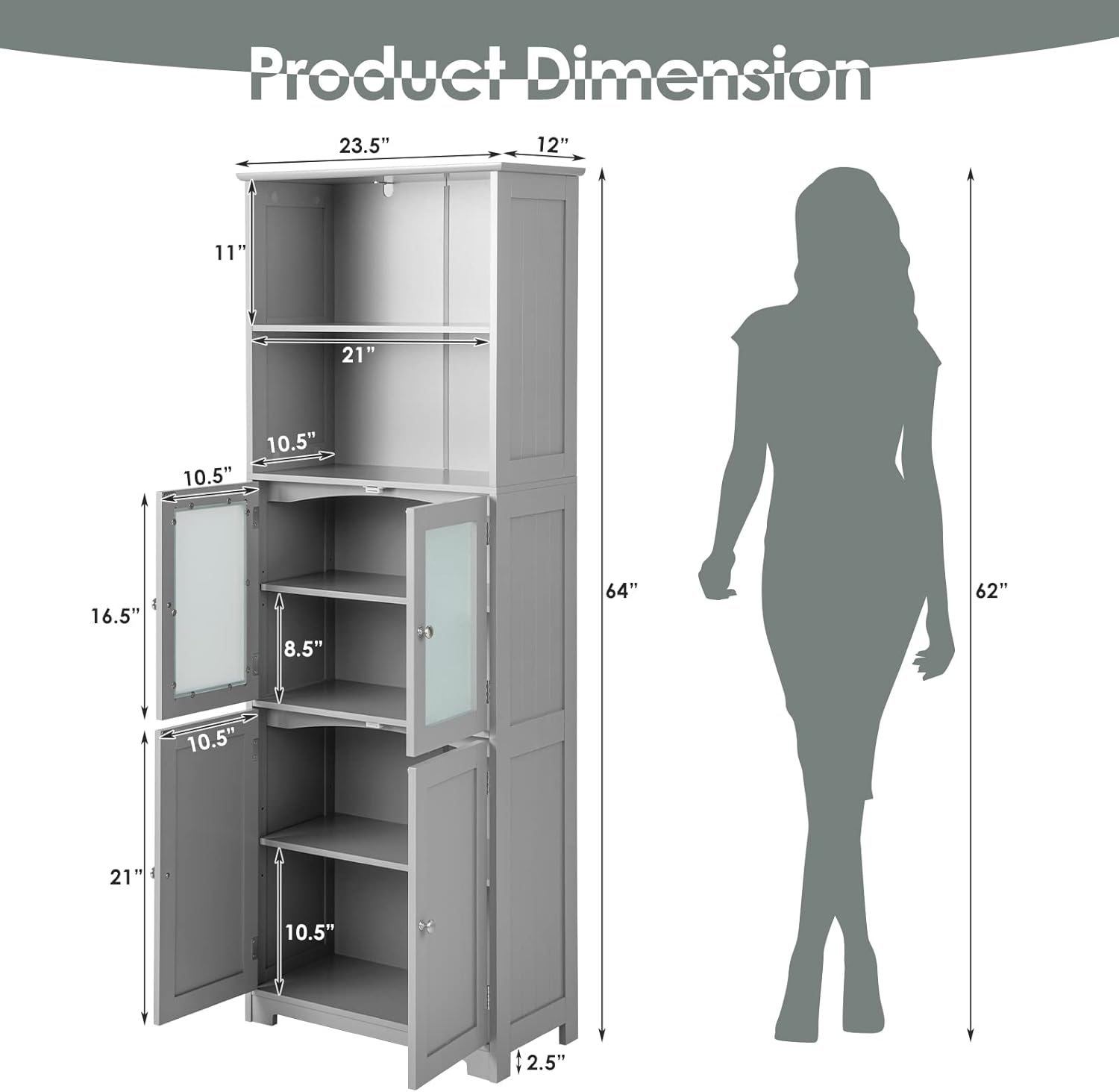 Tall Bathroom Storage Cabinet, Freestanding Floor Cabinet w/2 Glass Doors & 2 Open Shelves, 3-Position Adjustable Shelves, Anti-toppling Design