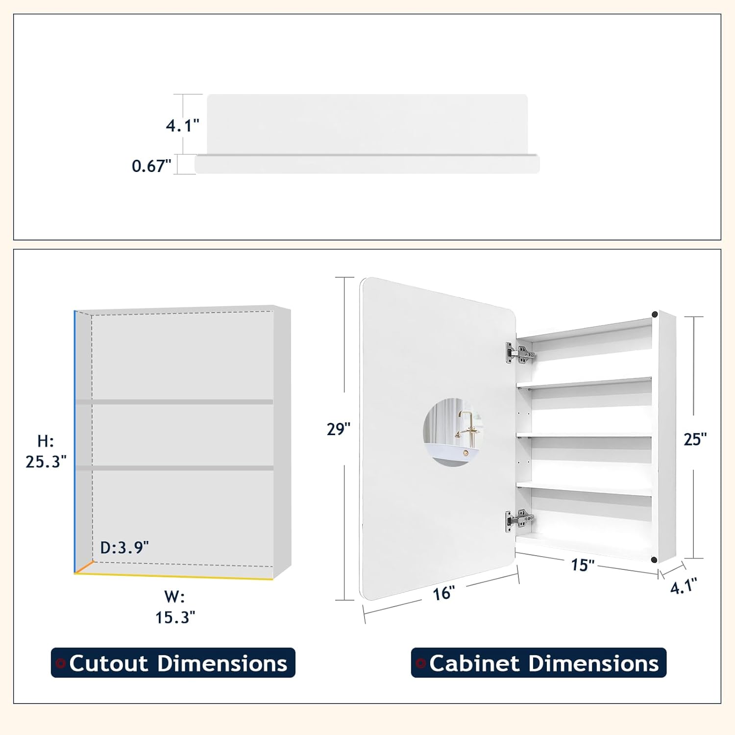 White Medicine Cabinet Mirror for Bathroom, 16x29 Inch Recessed Medicine Cabinet or Surface Mount