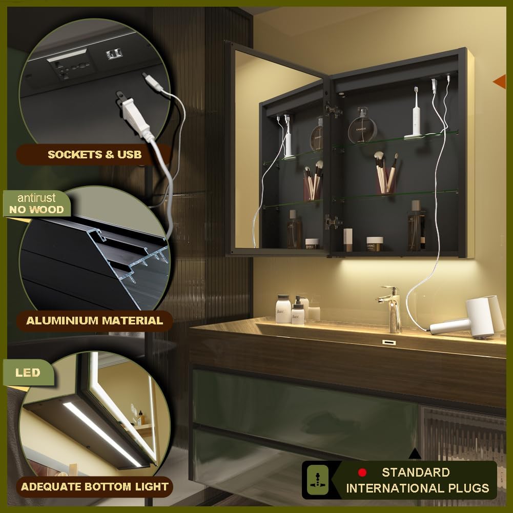 LED Lighted Bathroom Medicine Mirror Cabinet with Sockets & USBs, Anti-Fog Dimmable Light and Color Adjustment