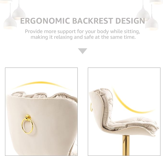 Velvet 360°Swivel Bar Stools Set of 2, Adjustable Bar Chair with Armless Design Tufted Backrest and Metal Gold Legs Dining Chairs Counter Stools for Dining Room, Island, Pub, Bar (Ivory)