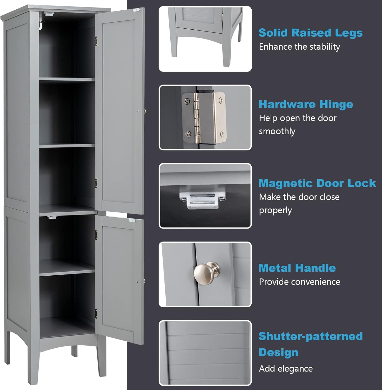 Tall Bathroom Storage Cabinet, 5-Tier Wooden Freestanding Tower Cabinet Floor Organizer