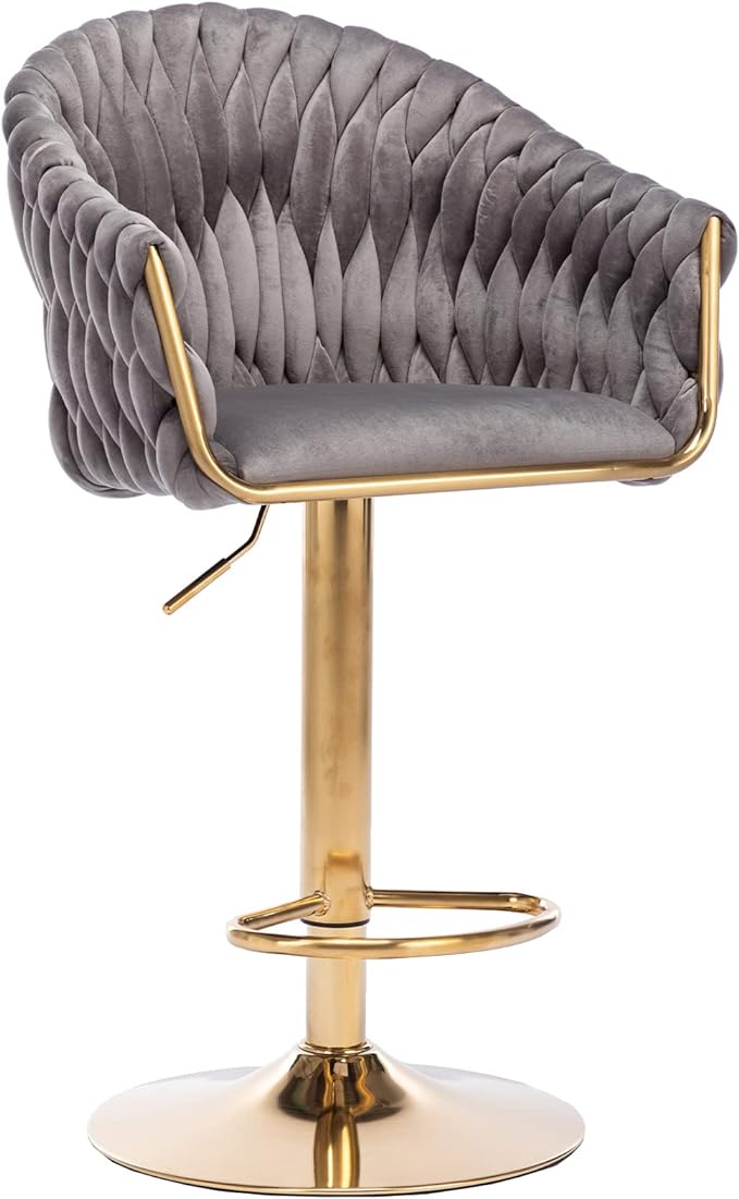 Velvet 360° Swivel Bar Stools with Hand Woven Backrest Design Upholstered Adjustable Counter Bar Stool with Golden Bracket Back and Footrest Bar Chair for Kitchen, Pub (1, Grey)