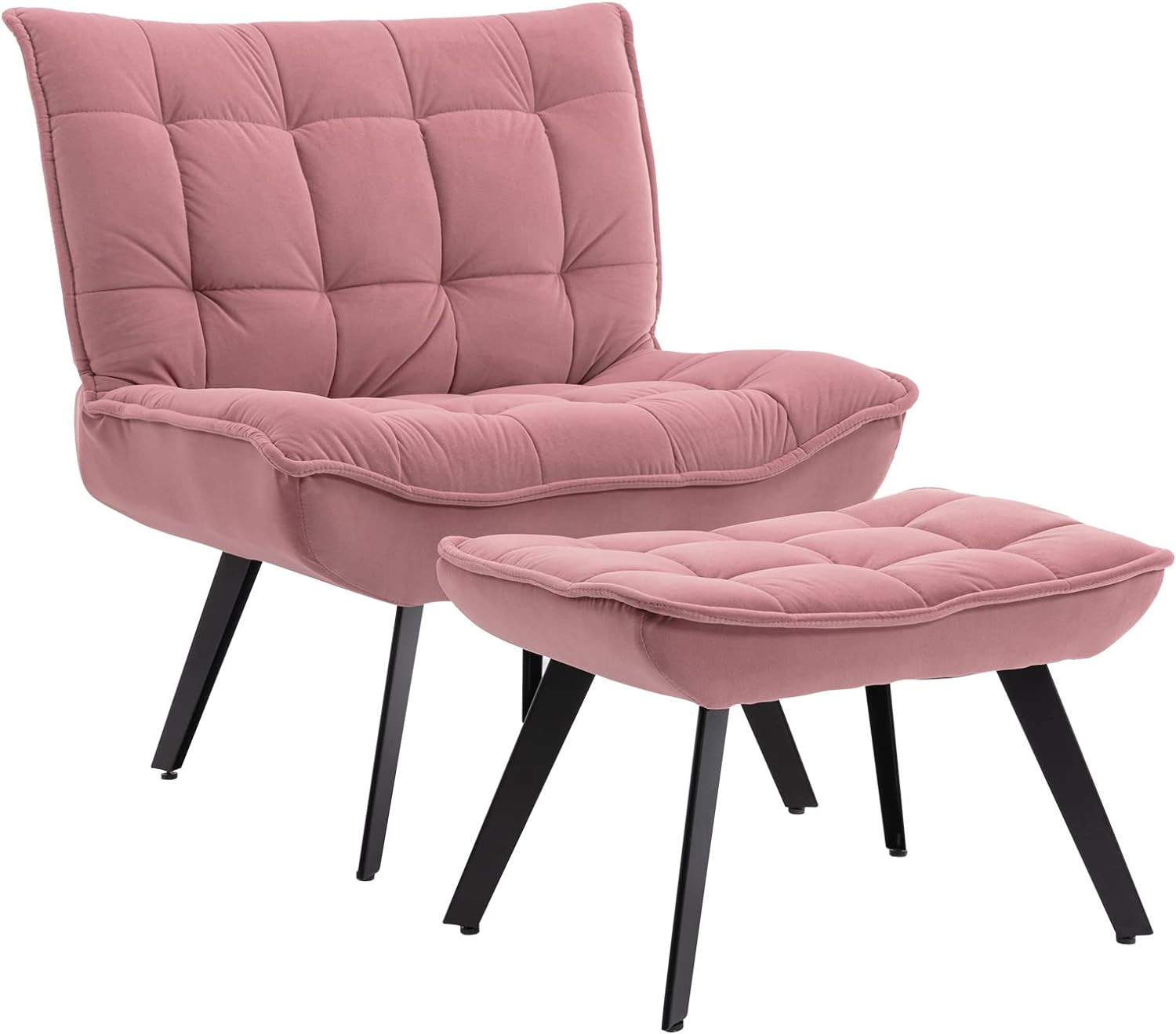 Accent Chair with Ottoman, Tufted Upholstered Lazy Chair, Club Chair, Leisure Single Sofa with Footrest, Reading Chair with Adjustable Leg, for Living Room, Bedroom, Office (Pink)