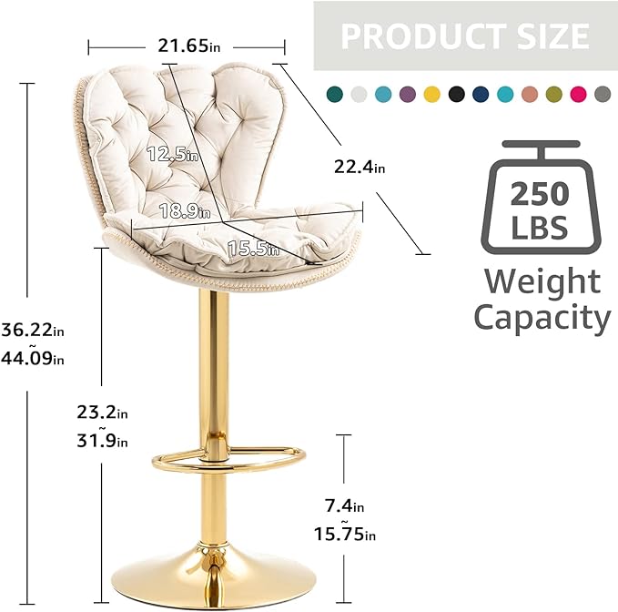 Velvet 360°Swivel Bar Stools Set of 2, Adjustable Bar Chair with Armless Design Tufted Backrest and Metal Gold Legs Dining Chairs Counter Stools for Dining Room, Island, Pub, Bar (Ivory)