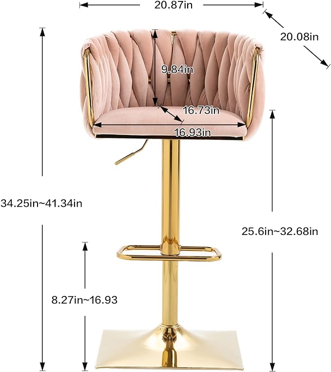Bar Stools Set of 2 with 360° Swivel Hand Woven Backrest Design Upholstered Adjustable Counter Velvet Bar Stool with Golden Bracket Back and Footrest Bar Chair for Kitchen, Pub (Pink)
