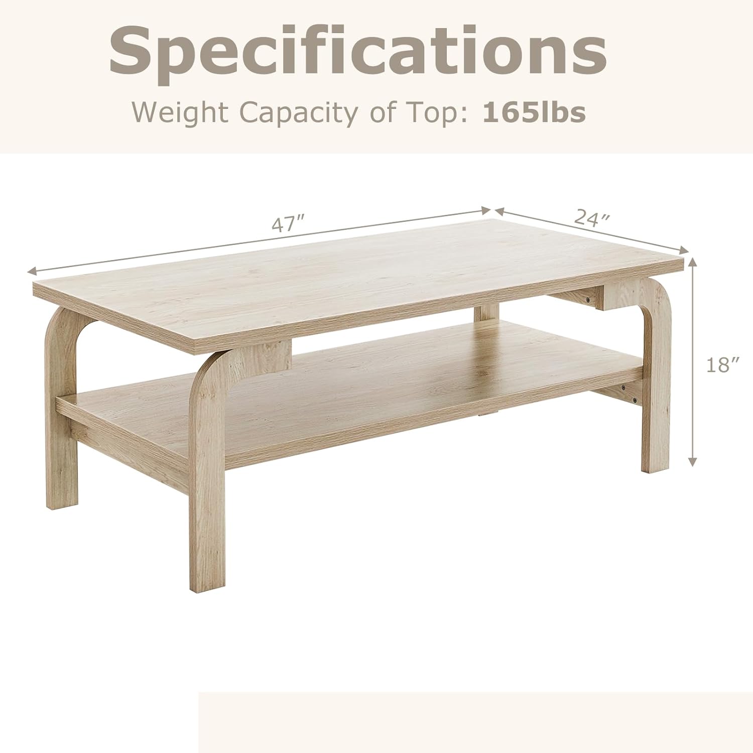 2-Tier Coffee Table with Storage, 47” Mid Century Rectangle Accent Table with Open Shelf, Large Tabletop & Curved Legs
