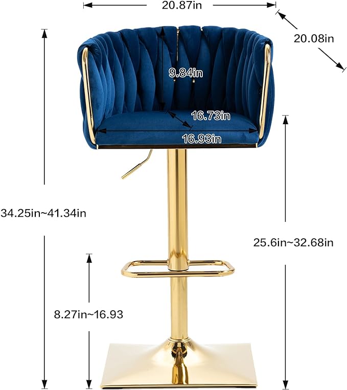 Bar Stools Set of 2 with 360° Swivel Hand Woven Backrest Design Upholstered Adjustable Counter Velvet Bar Stool with Golden Bracket Back and Footrest Bar Chair for Kitchen, Pub (Navy)