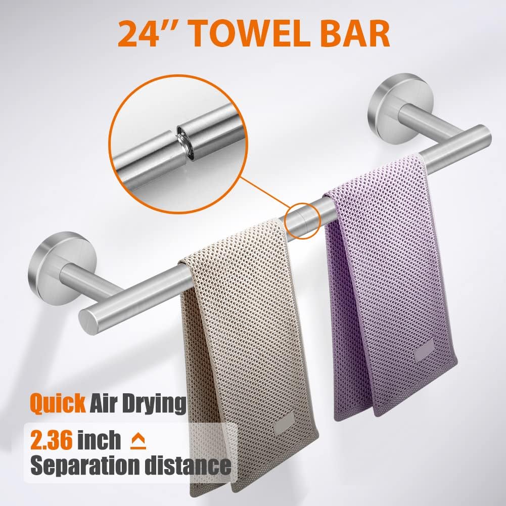 5-Pieces Bathroom Hardware Set Brushed Nickel SUS304 Stainless Steel Round Wall Mounted - Includes 24" Hand Towel Bar