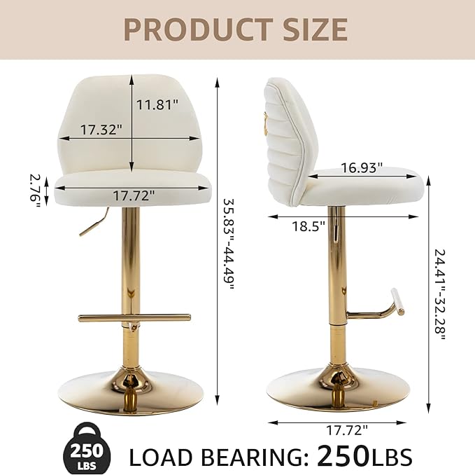 Modern Velvet Bar Stools Set of 2, Swivel Barstools with Golden Legs, Back Ring Design, Kitchen Island Chairs, Counter Height Stool for Home Bar, Kitchen Island,Pub, Cafe (Cream)