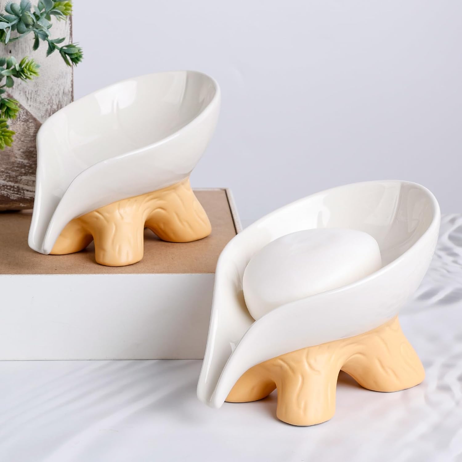 Soap Holder Self Draining Leaf Shape Soap Dishes, Ceramic Draining Soap Dish for Bathroom Shower, White Farmhouse Soap Holder with Stump