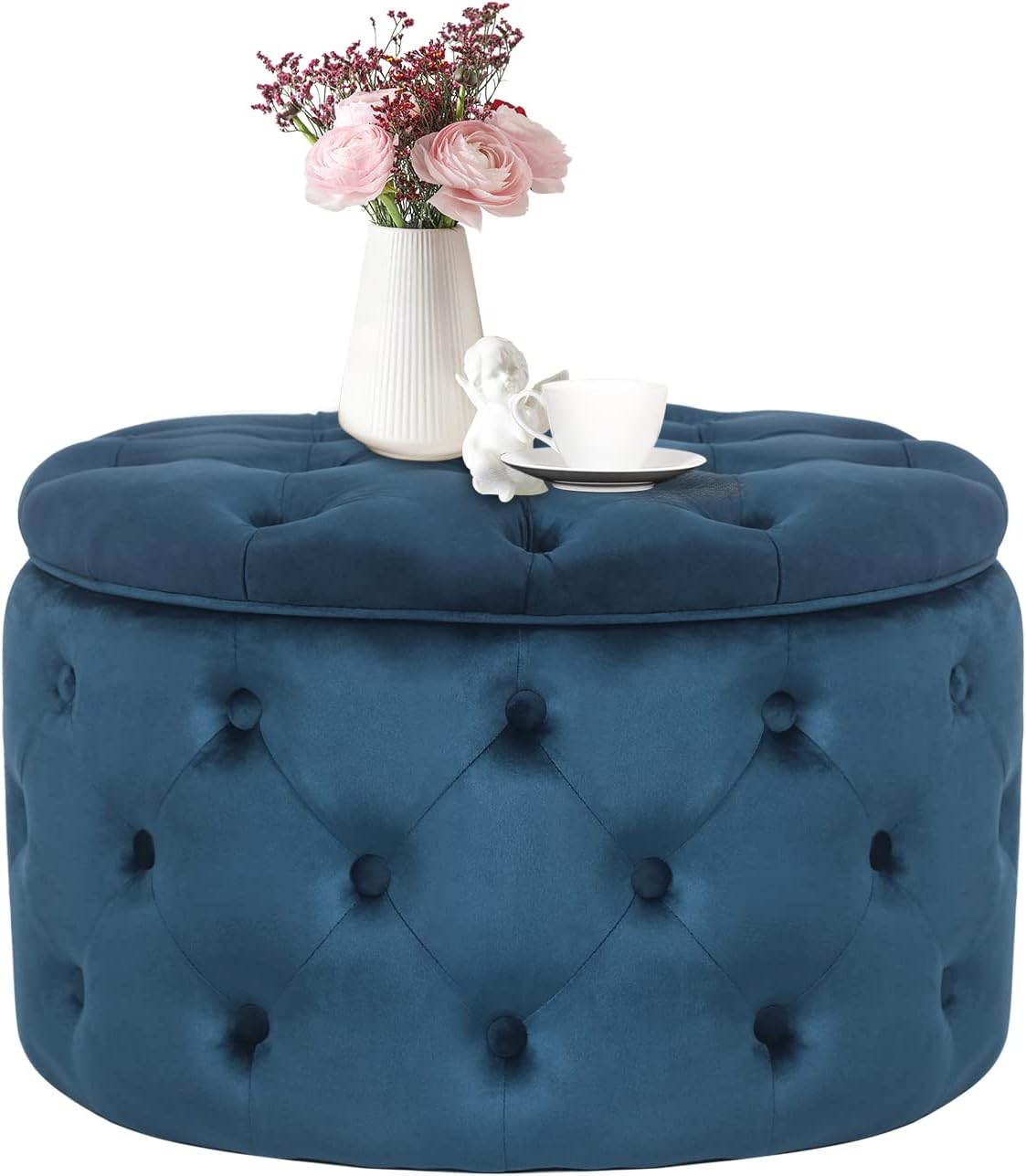 Modern 24.8 Inch Blue Round Storage Ottomans Chair, Button Tufted Upholstered Ottoman Footstool