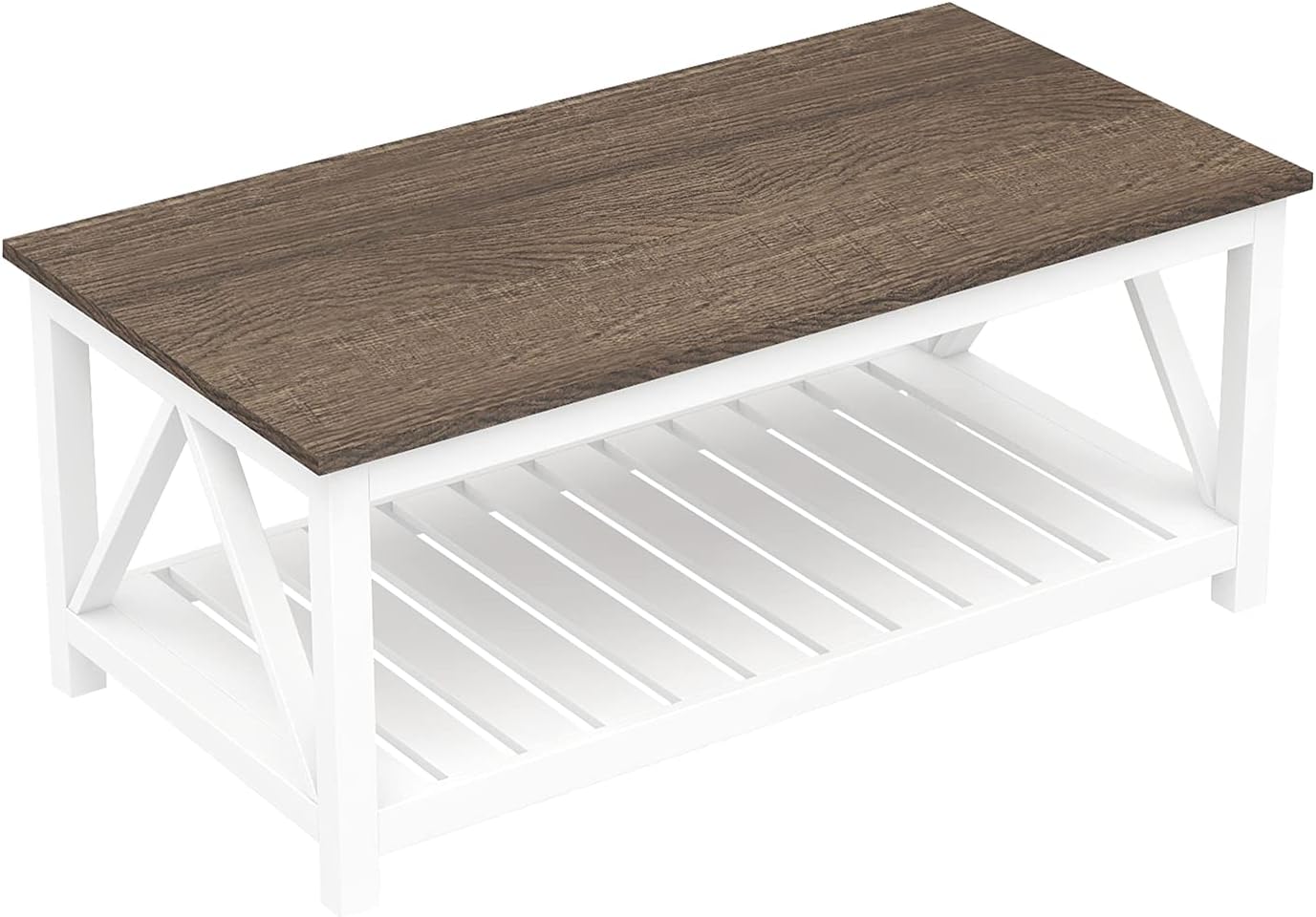 Farmhouse Coffee Table, Rustic Vintage Living Room Table with Shelf, 40 White