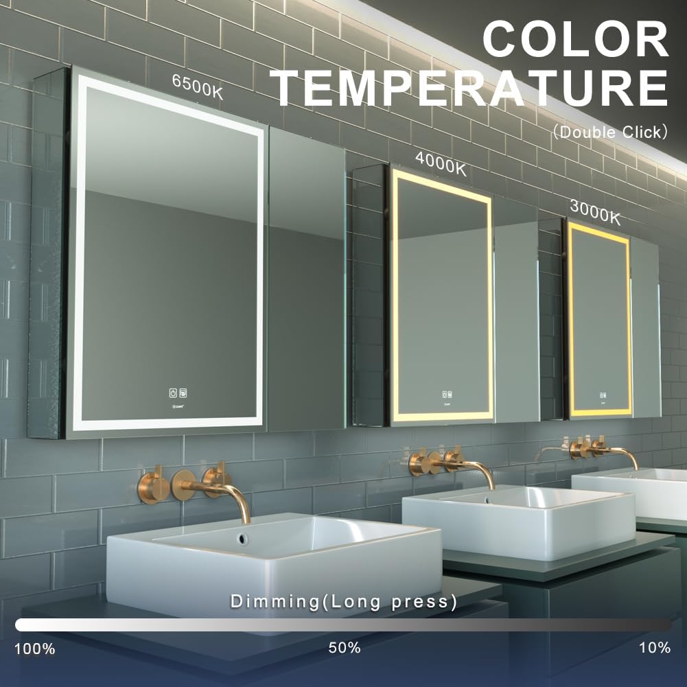 LED Lighted Bathroom Medicine Mirror Cabinet with Sockets & USBs, Anti-Fog Dimmable Light and Color Adjustment