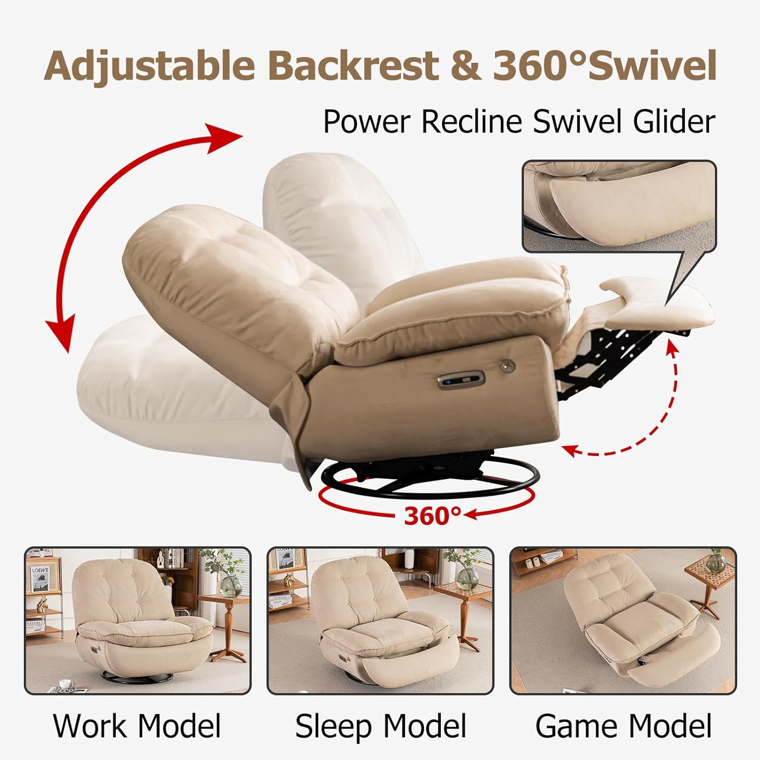 Electronic Recliner, 360 Degree Swivel Glider Rocking Chair with USB Charger, Swivel Single Sofa Seat with Bluetooth, Home Theater Recliner Seat with Phone Holder (Camel)