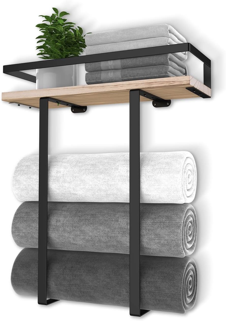 Towel Racks for Bathroom Wall Mounted, Xstydes Metal Towel Holder with Wooden Shelf for Folding Large Towels