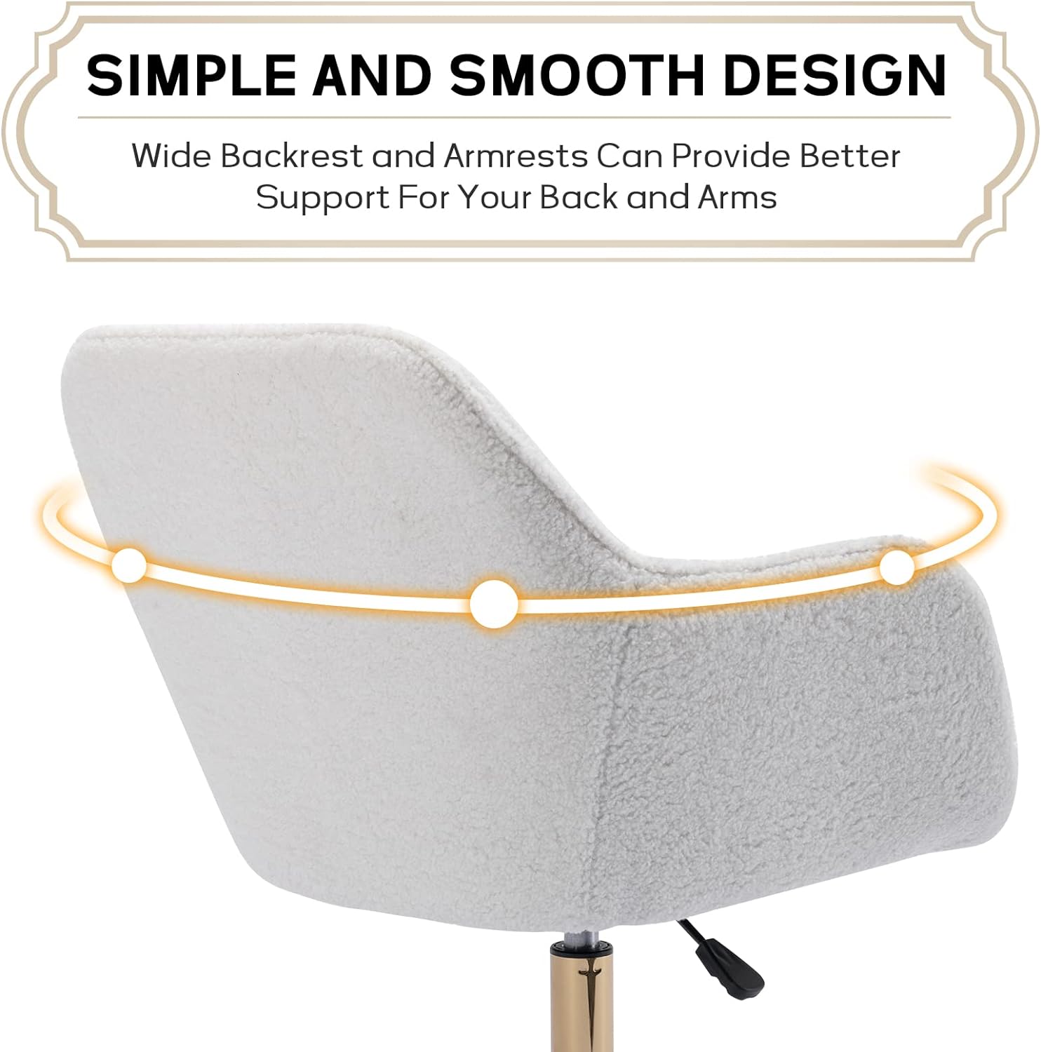 Home Office Desk Chair, 360° Swivel & Height Adjustable Task Chairs, Makeup Chair, Computer Chair with Stainless Base and 5 Wheels for Living Room, Bedroom, Home Office (White Teddy)