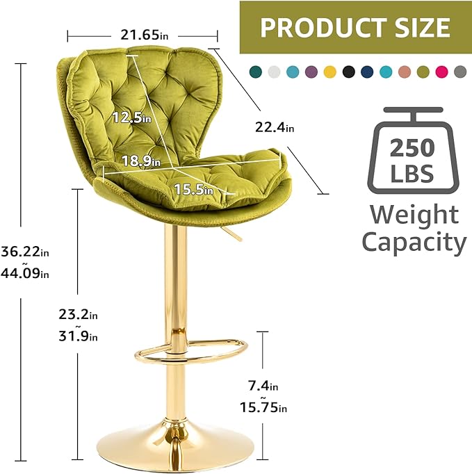 Velvet 360°Swivel Bar Stools Set of 2, Adjustable Bar Chair with Armless Design Tufted Backrest and Metal Gold Legs Dining Chairs Counter Stools for Dining Room, Island, Pub, Bar (Green)