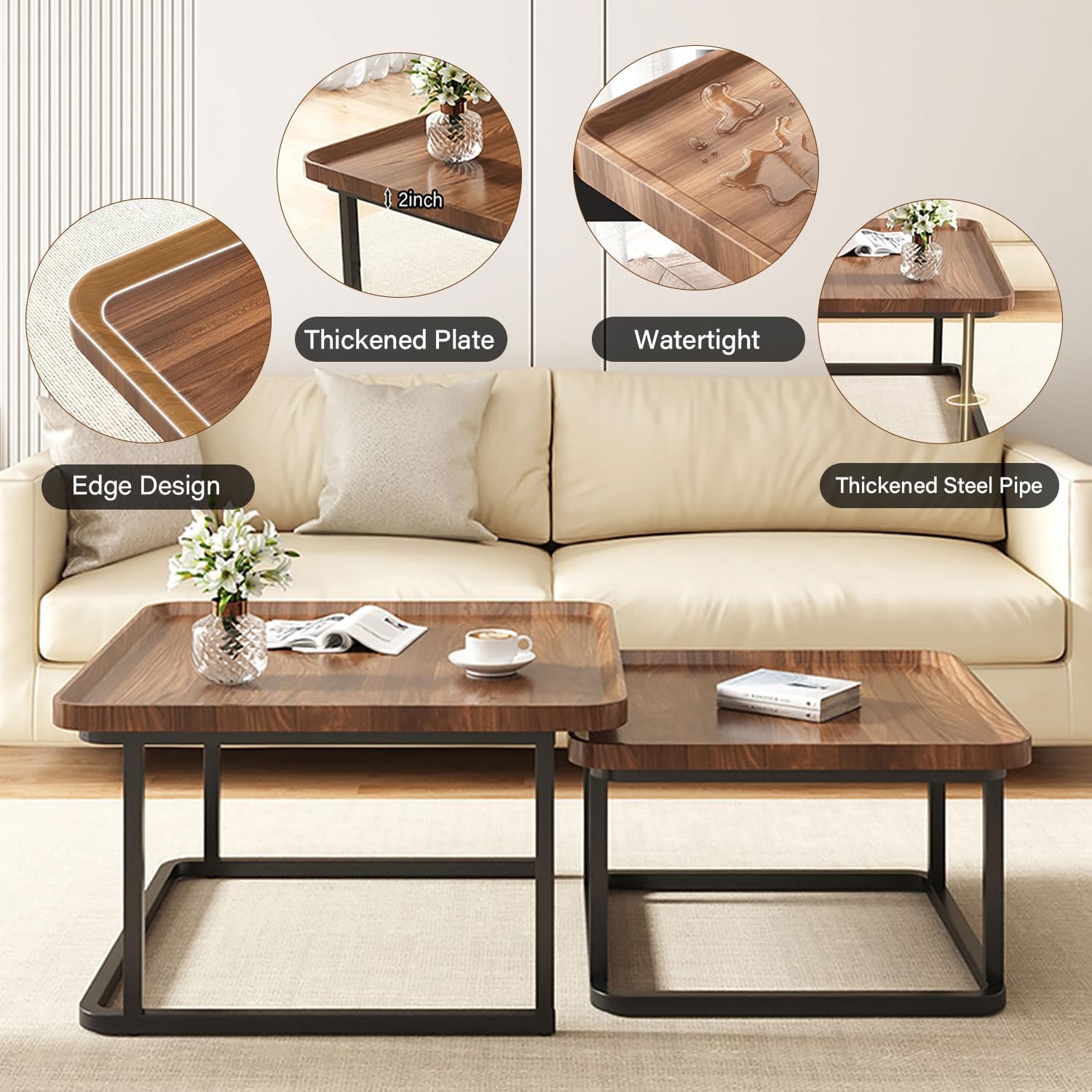 Nesting Coffee Table Set of 2, 23.6"+19.7" Square Stacking Side Table