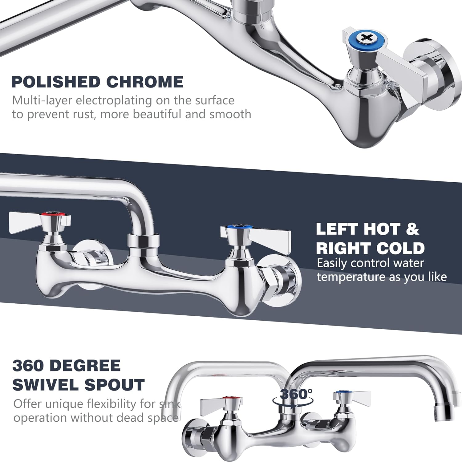 Wall Mount Commercial Sink Faucet with 10” Swivel Spout Polish Chrome Brass Utility Sink Faucet for Kitchen Laundry Restaurant Industrial Compartment Sink（Include 90 Degree Adapters）